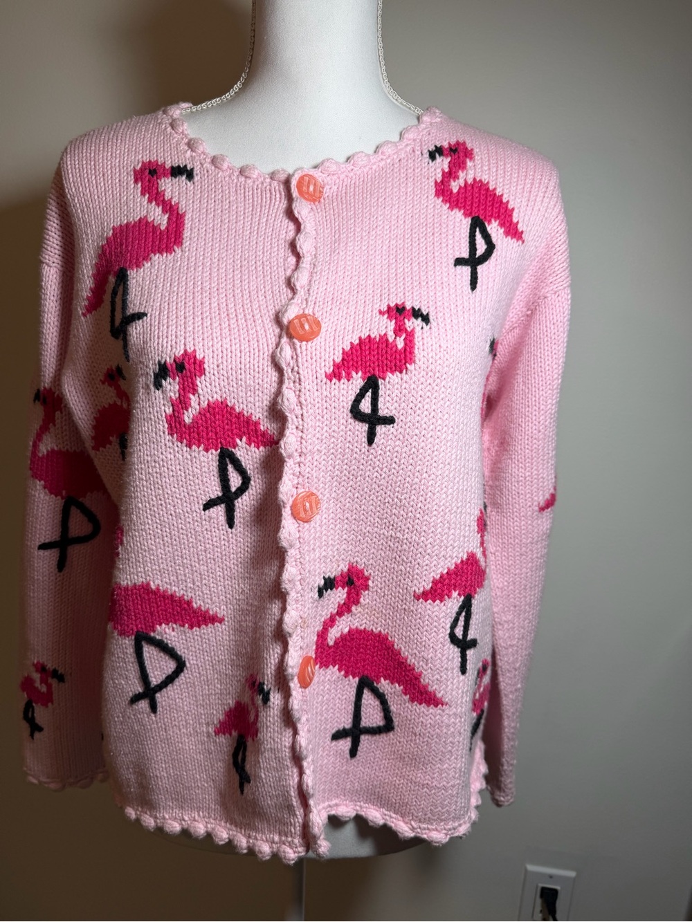Rey Wear Hand Knit Pink Flamingo Cardigan Sweater Size Small EUC